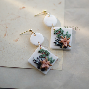 White Geometric Clay Layered Flower Earrings
