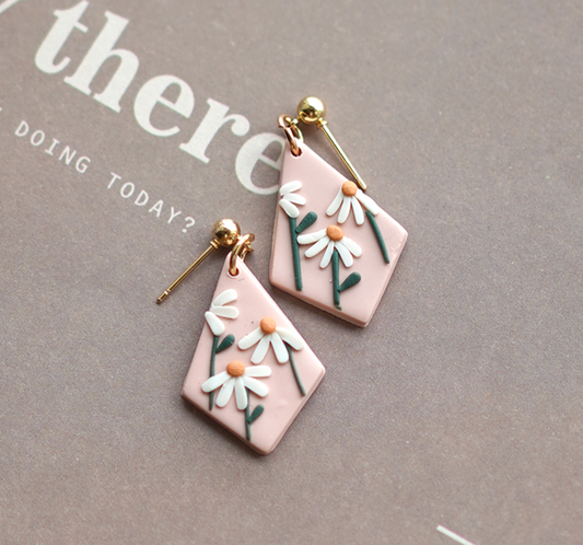 Pale Pink & White Daisy Diamond Shaped Drop Clay Earrings