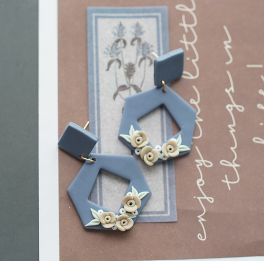 Dusty Blue Hexagon Drop Earrings With White Flowers