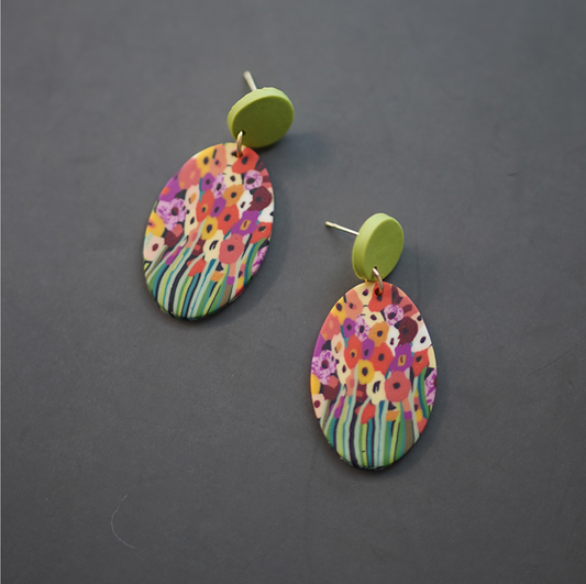 Green & Multi Coloured Painted Flowers Oval Clay Earrings