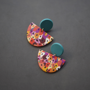 Teal & Multi Colored Abstract Floral Semi Circle Clay Earrings
