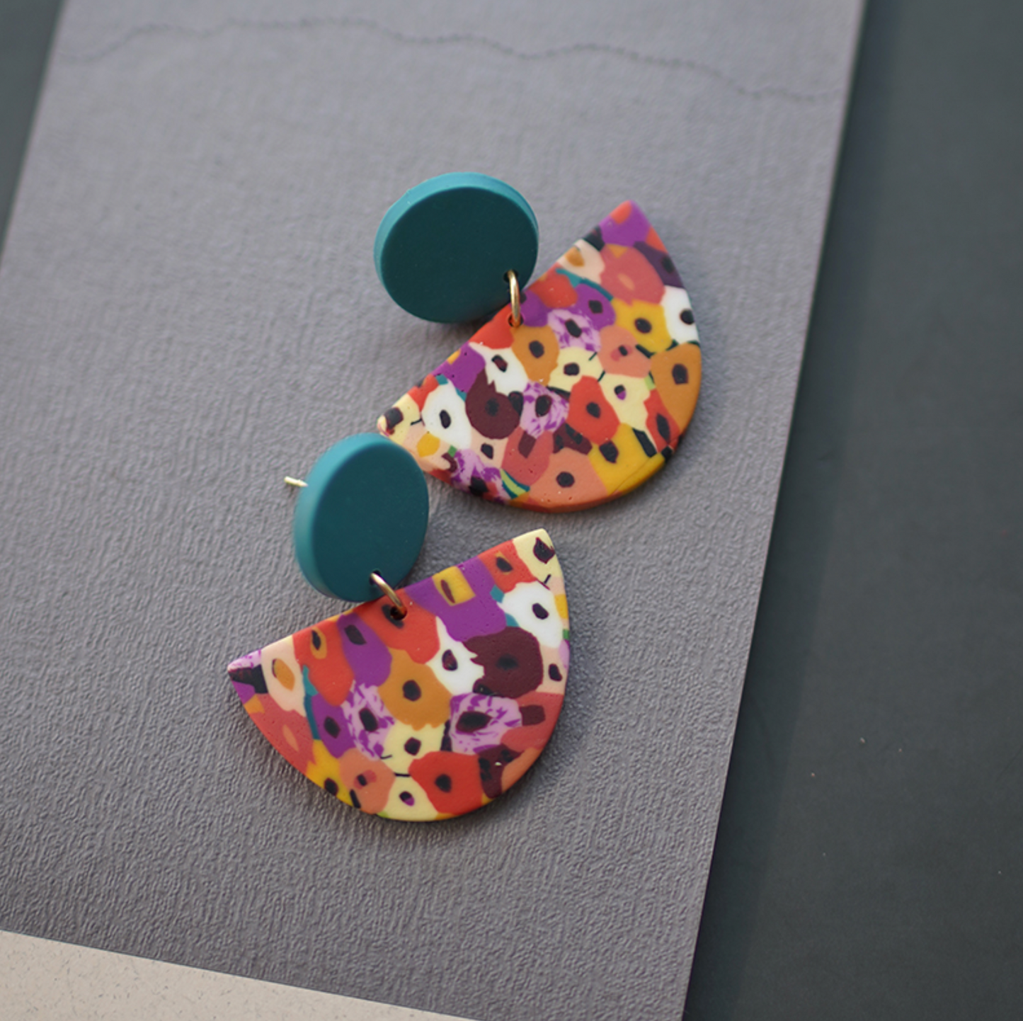 Teal & Multi Colored Abstract Floral Semi Circle Clay Earrings