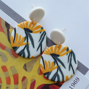 White & Yellow Flower Circular Clay Earrings