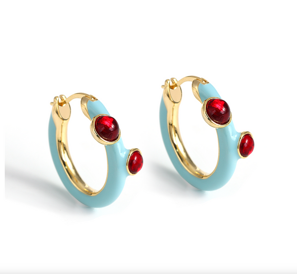 Goldtone Blue Huggie Hoop Earrings With Red Crystals