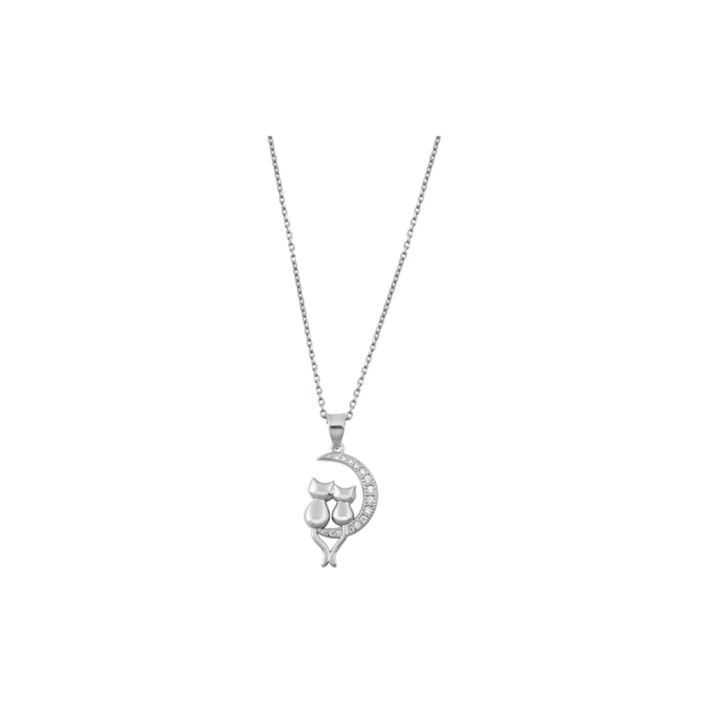 Cubic Zirconia & Sterling Silver Crescent Cat Love Pendant Necklace