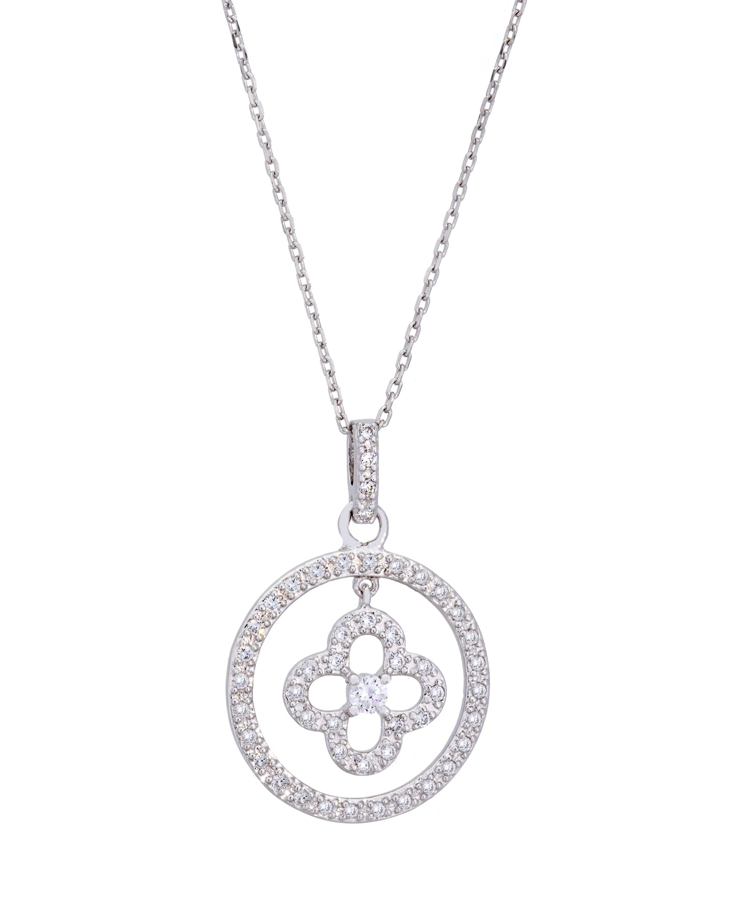 Cubic Zirconia & Sterling Silver Circle Four Leaf Clover Pendant Necklace