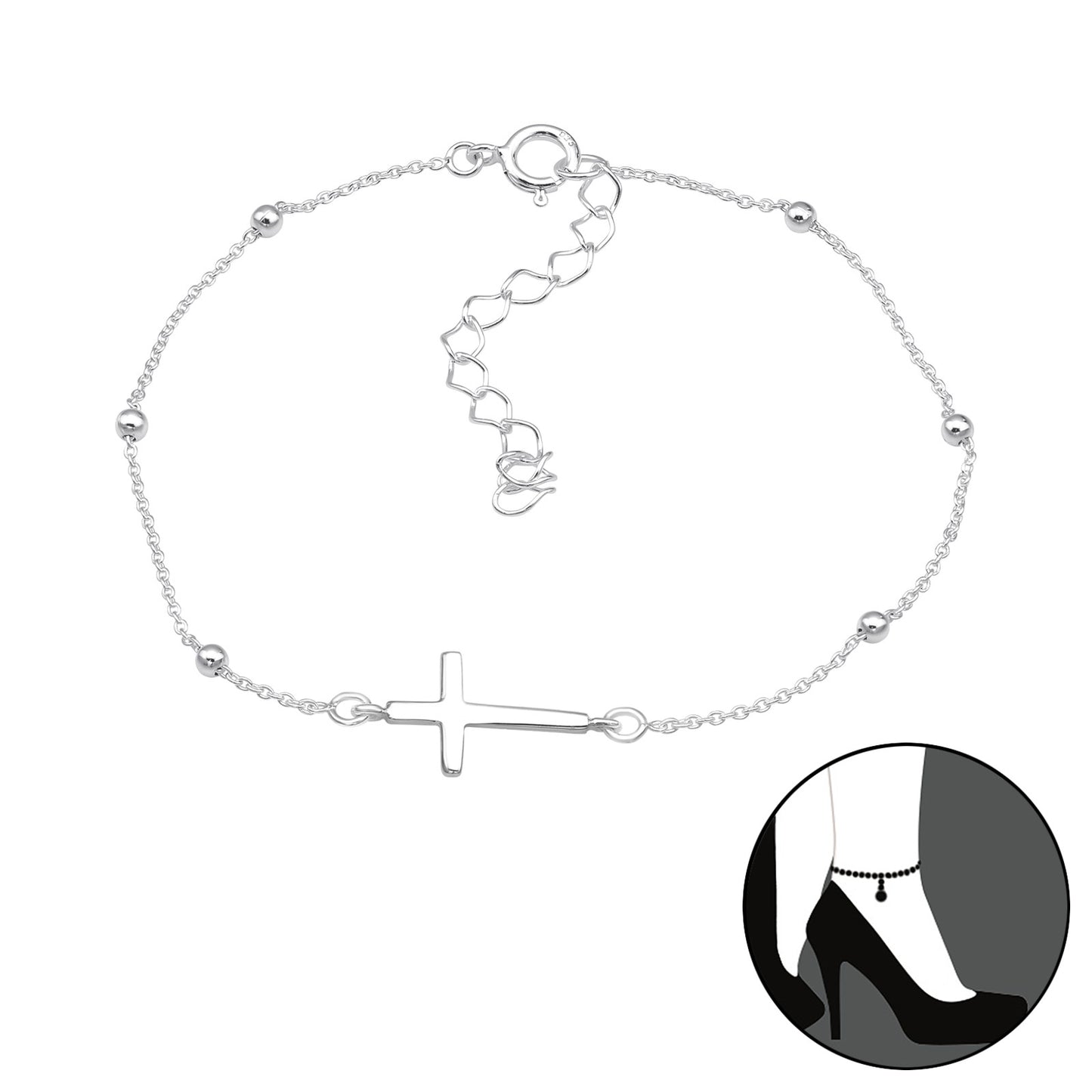 Sterling Silver Cross Dainty Balls Anklet