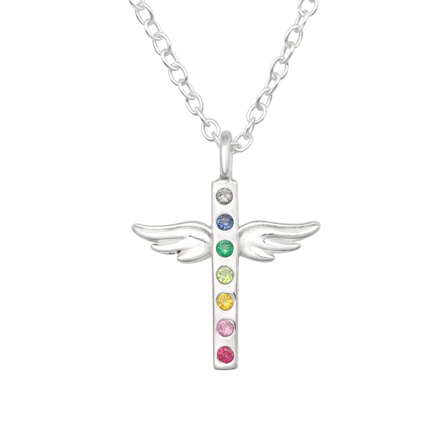 Sterling Silver Dainty Angel Wing Cross Pendant Necklace With Rainbow Crystals - Ag Sterling