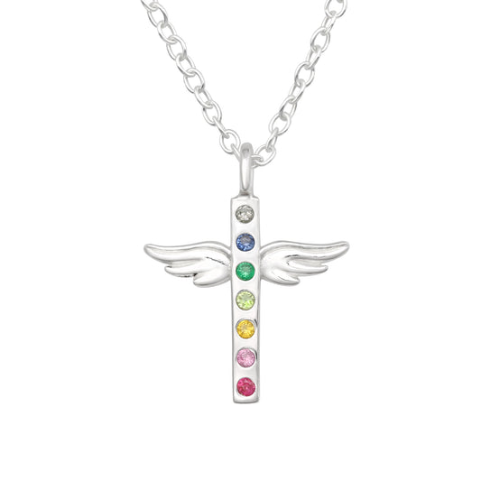 Sterling Silver Dainty Angel Wing Cross Pendant Necklace With Rainbow Crystals - Ag Sterling