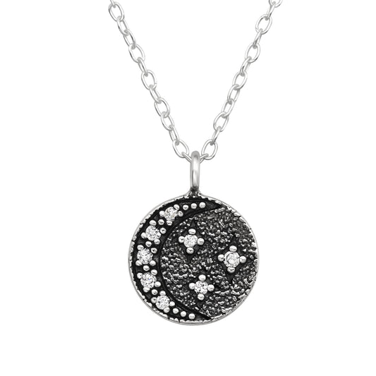 Sterling Silver Oxidized Starry Night Round Pendant Necklace