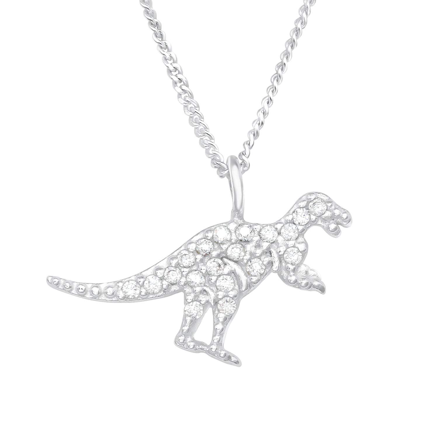 Sterling Silver T-Rex Pendant Necklace with Cubic Zirconia