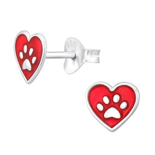 Sterling Red Paw Heart Stud Earrings