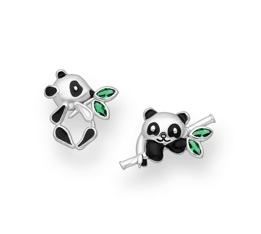 Sterling Silver & Green Cubic Zirconia Asymmetrical Bamboo-Panda Stud Earrings