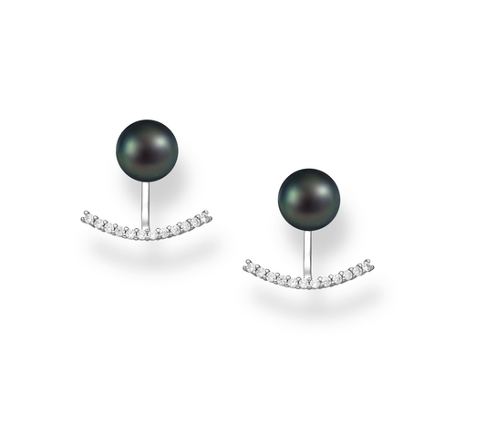 Black Pearl Stud Earrings & Sterling Silver Hanging Curved Bar with Cubic Zirconia