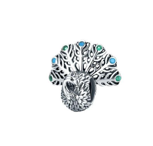 Green Cubic Zirconia & Sterling Silver Peacock Charm