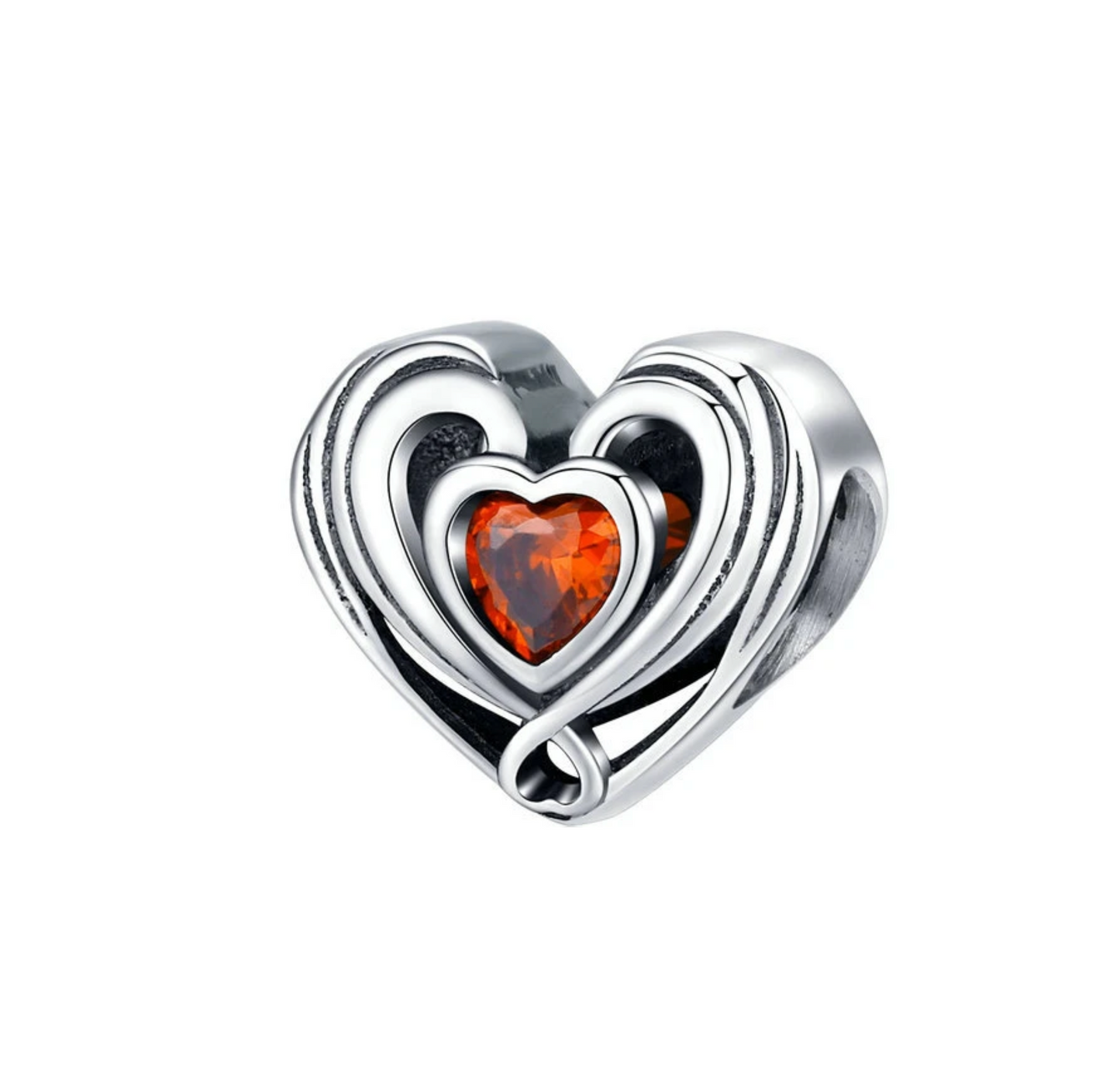 Red Cubic Zirconia & Sterling Silver Double Heart Charm