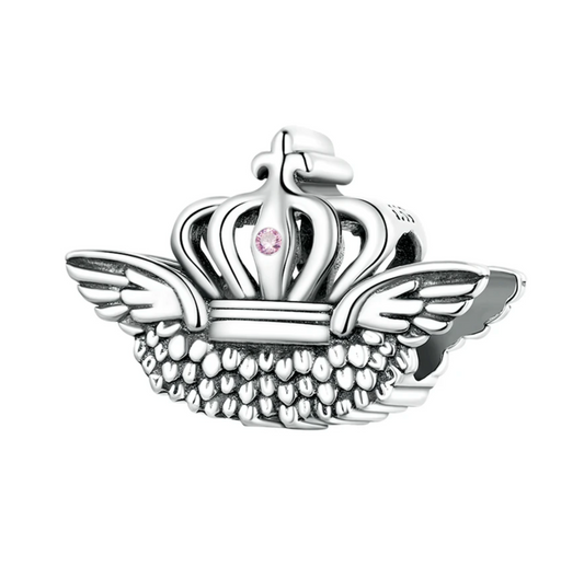 Cubic Zirconia & Sterling Silver Wings & Crown Charm