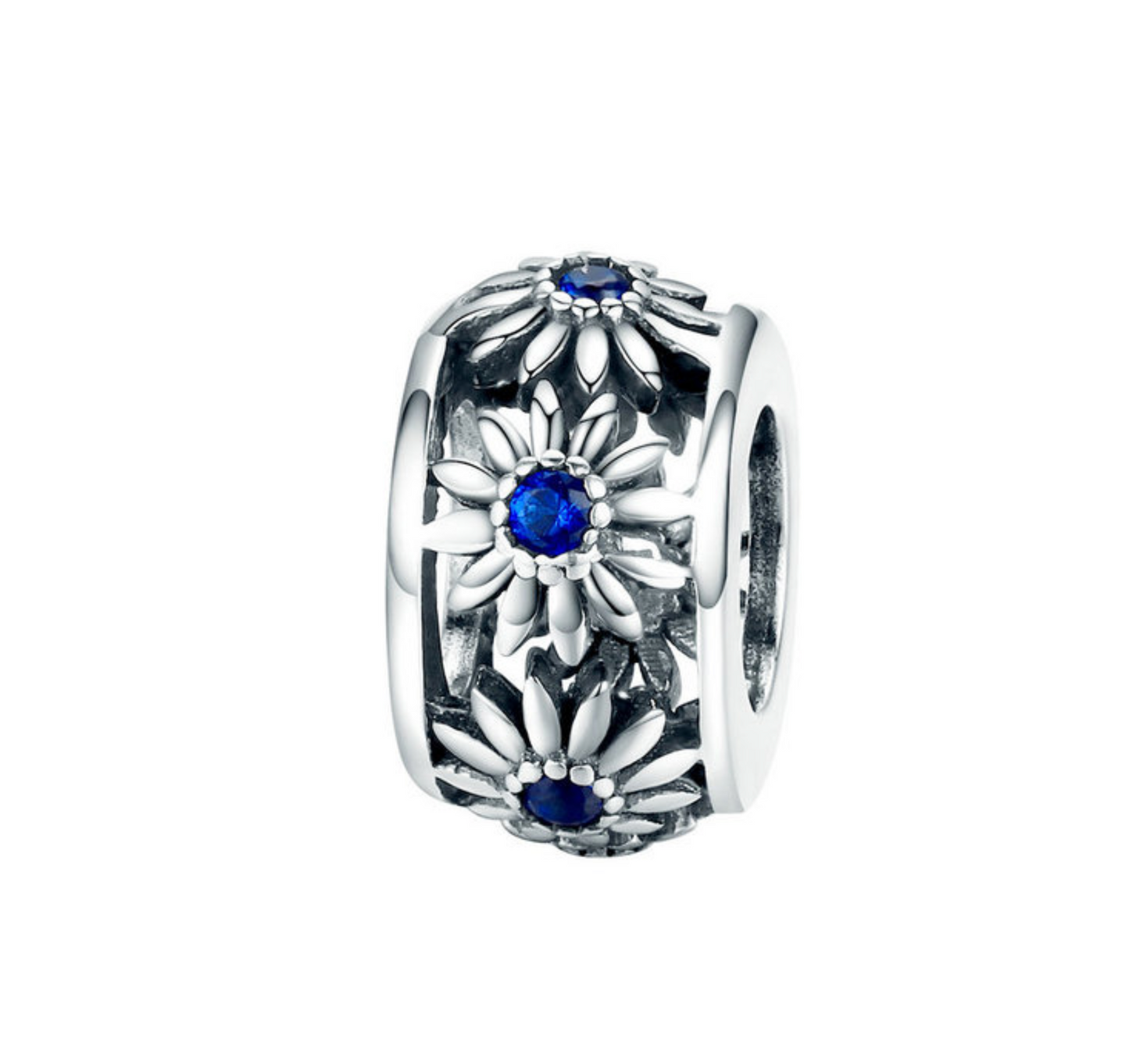 Blue Cubic Zirconia & Sterling Silver Flower Rondelle Charm