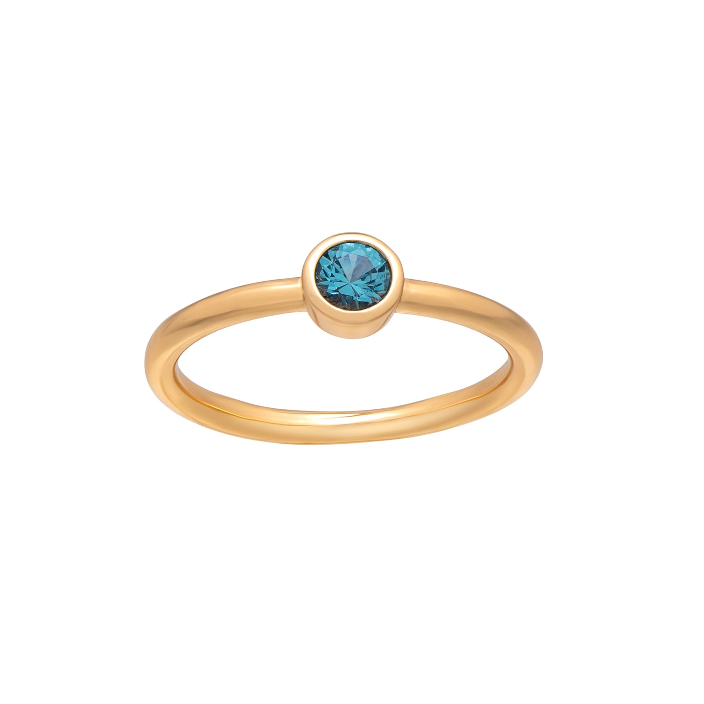 December – Gold-tone smooth band ring with turquoise CZ birthstone (Blue Topaz-inspired)