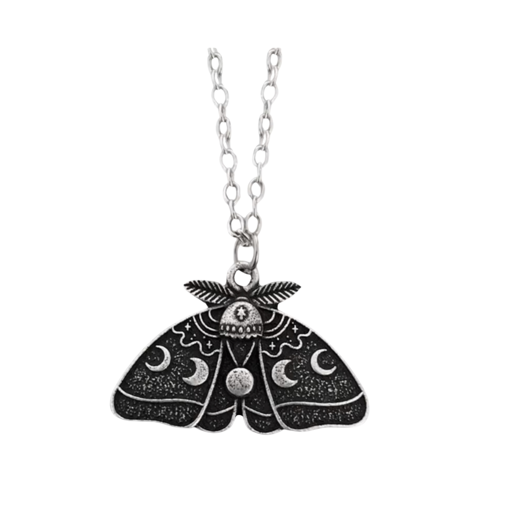 Silvertone necklace with a black moth pendant and lunar motifs