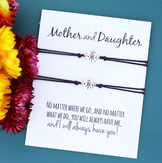 Black Silvertone Mother And Daughter Compass Bracelet Set