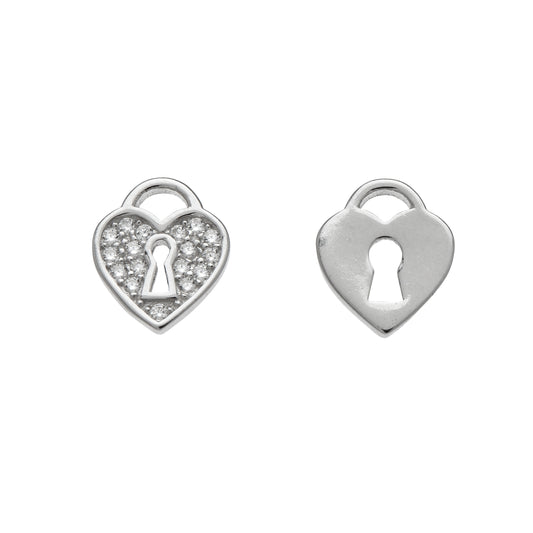 Sterling Silver Cubic Zirconia Heart Lock Stud Earrings