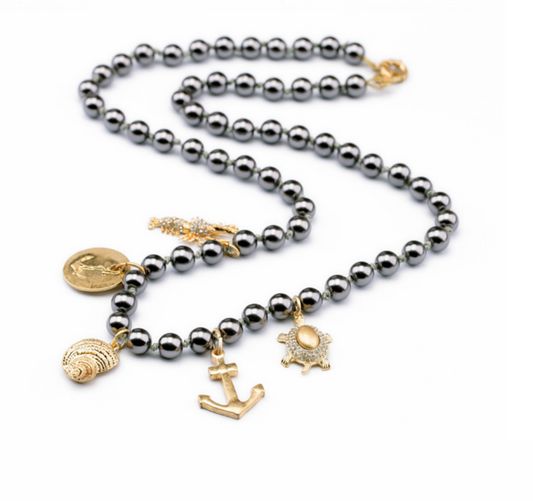 Black Beaded Goldtone Nautical Charmed Necklace