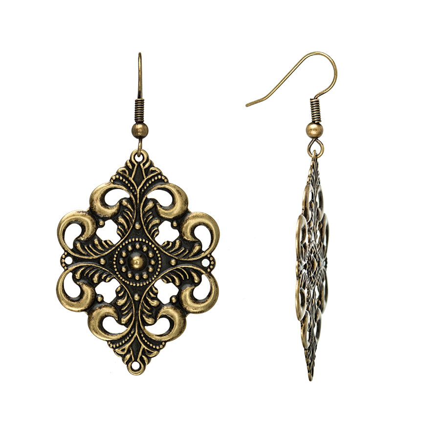 Antique gold-tone filigree cross cutout earrings showing front and side views