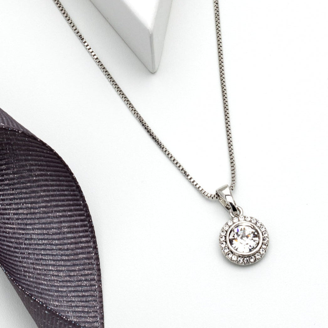 Silver halo necklace with Swarovski crystals, stainless steel chain, gift-ready by callura