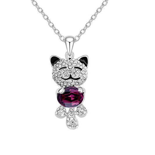 Amethyst And Clear Swarovski Crystal Cat Pendant Necklace