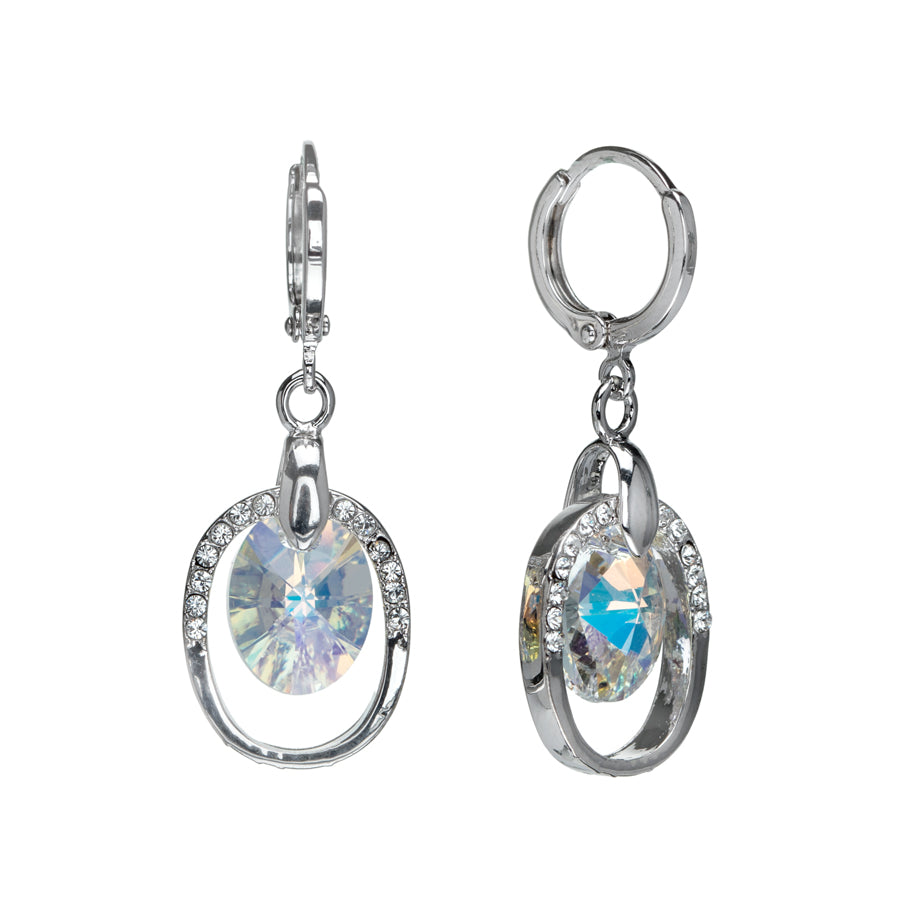 Silvertone Aurora Borealis Swarovski Crystals Oblong Drop Earrings