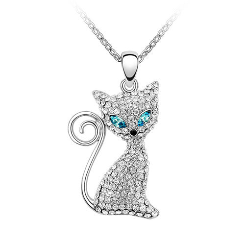 Aqua Clear Swarovski Crystal Cat Pendant Necklace