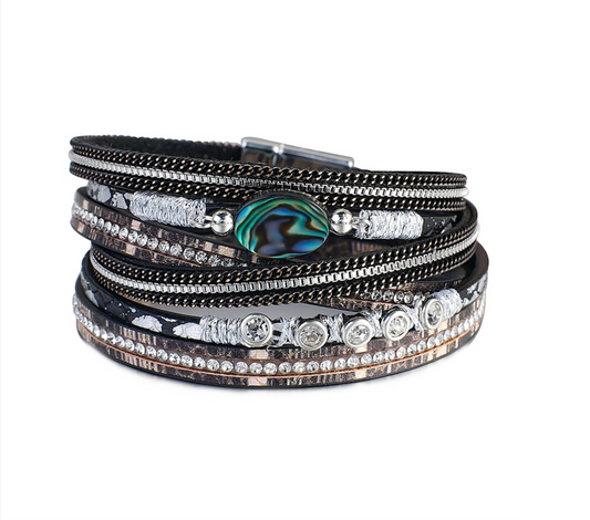 Black Paua Multi Strand Faux Leather Bracelet