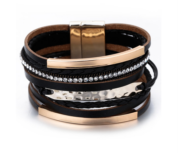 Black Faux Leather Goldtone Bracelet