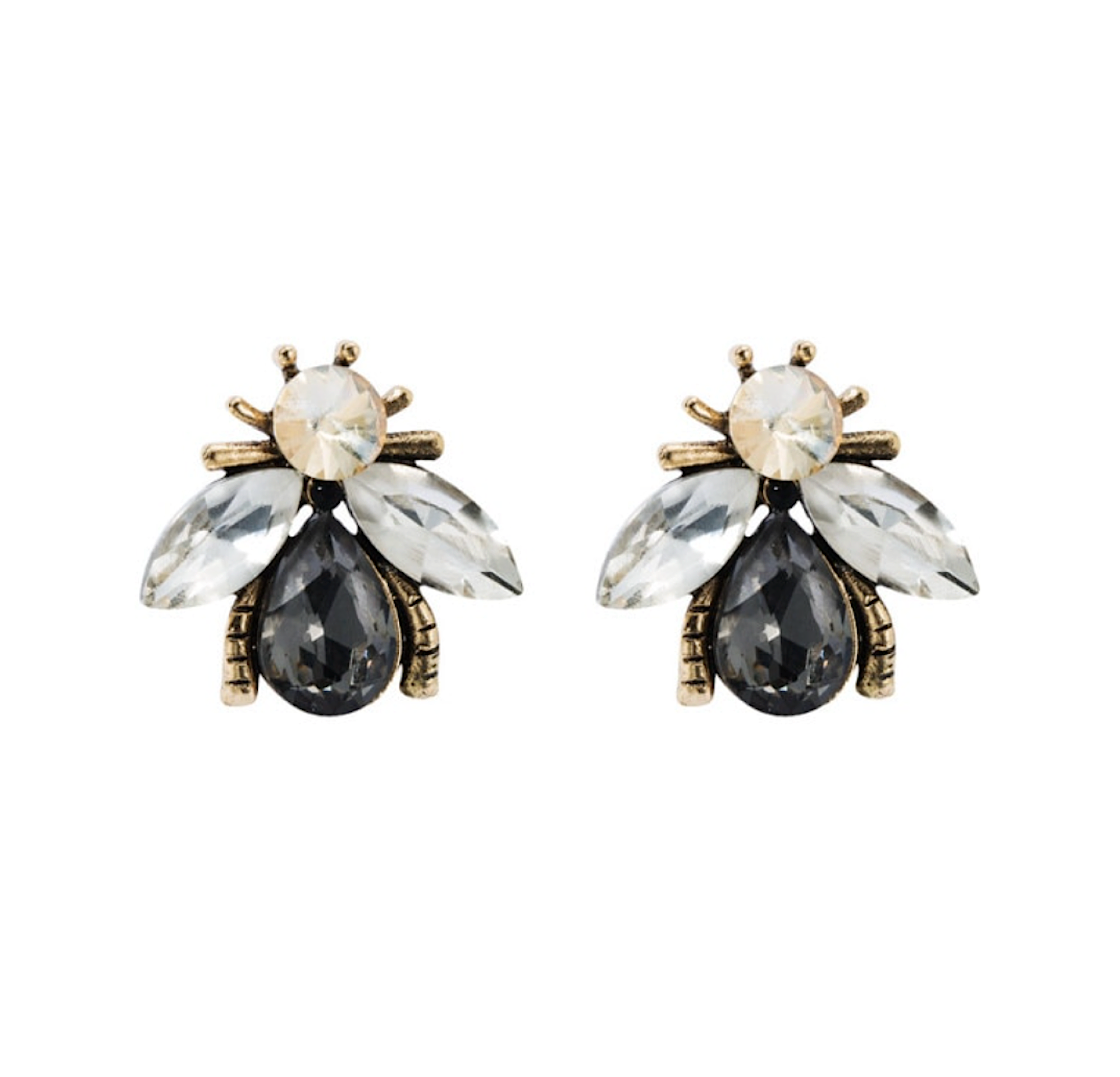 Goldtone bee stud earrings with black teardrop bodies and clear crystal wings