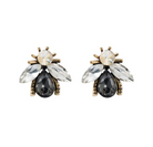 Goldtone bee stud earrings with black teardrop bodies and clear crystal wings