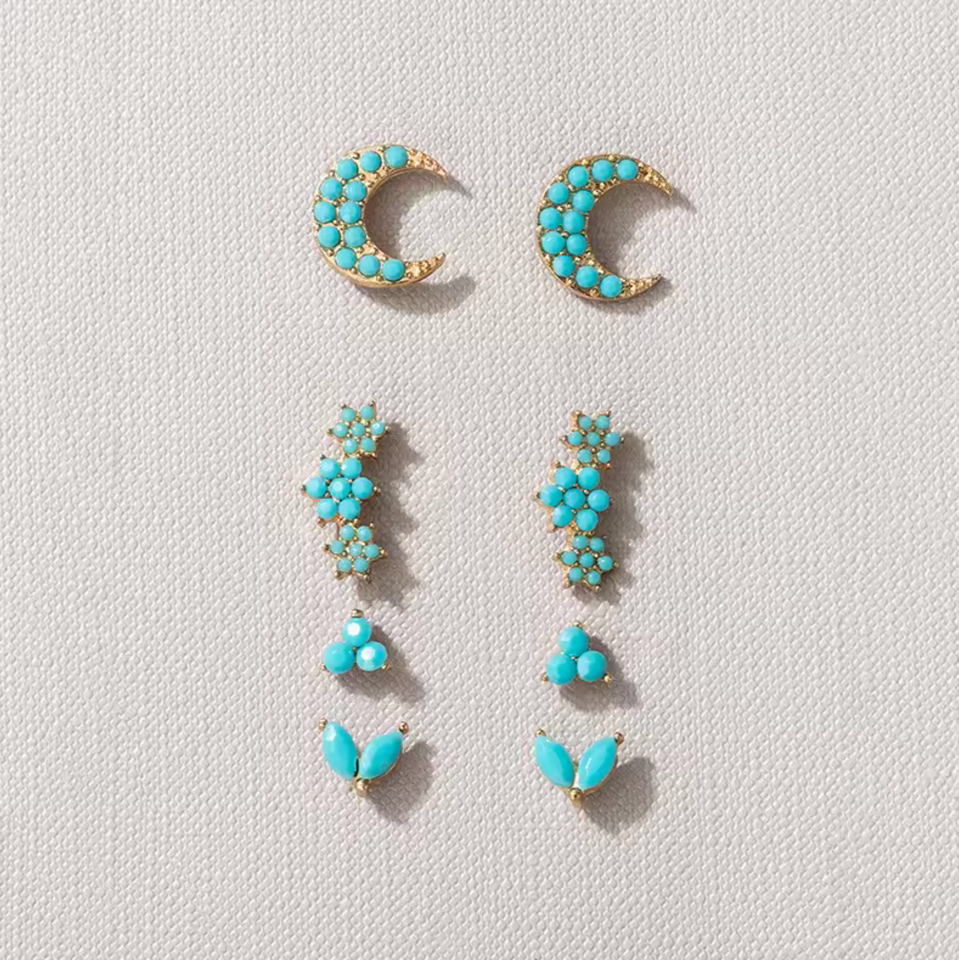 Goldtone turquoise-colored crescent moon and small stud earring set
