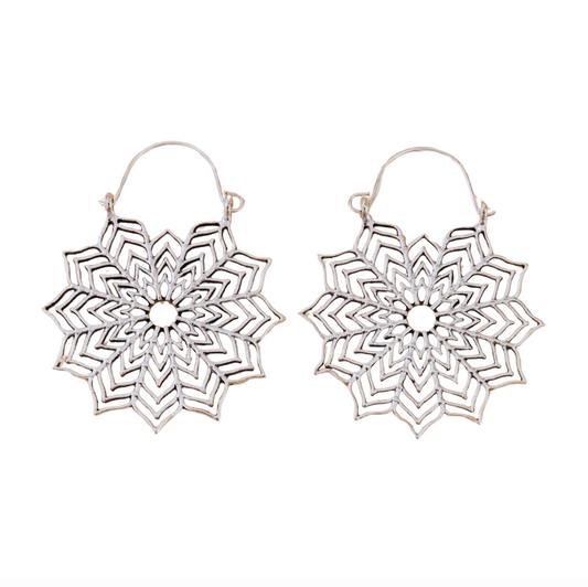 Silvertone Openwork Geometric Hooped Earrings