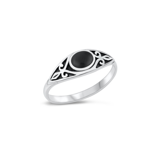 Black Agate & Sterling Silver Oval Scroll Ring