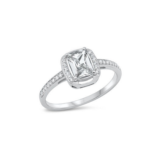 Cubic Zirconia & Sterling Silver Rectangular Solitaire Halo Ring