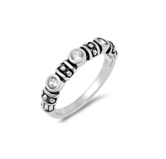 Cubic Zirconia & Sterling Silver-Plated Tri-Stone Bevel-Set Ring