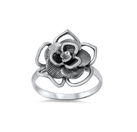 Sterling Silver Oxidized Statement Flower Ring