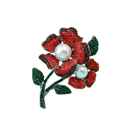 Imitation Pearl Red Crystal Pave Flower Brooch