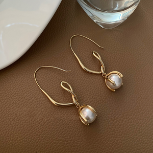 Goldtone Twisted Prong Set Pearl Drop Earrings