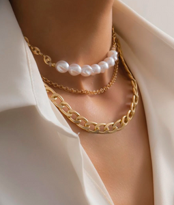 Goldtone Layered Omega And Pearl Chain Necklace Set