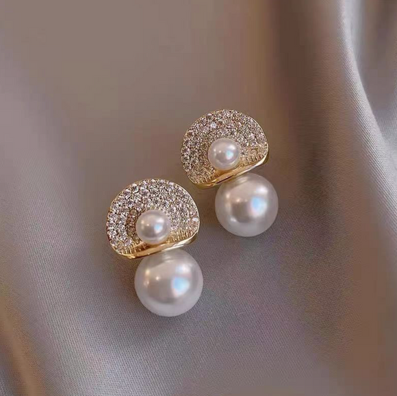 Goldtone Clam Faux Pearl & Cz Stud Earrings
