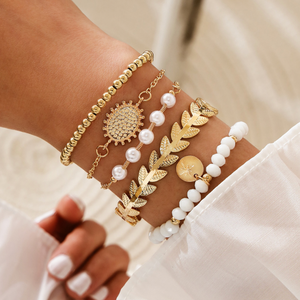 Goldtone Stackable Wheat And Pearl Bracelet Set