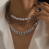 Silvertone Layered Omega Chain And Pearl Necklace
