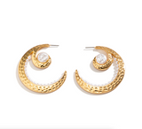 Goldtone & Pearl Curved Hoop Earrings