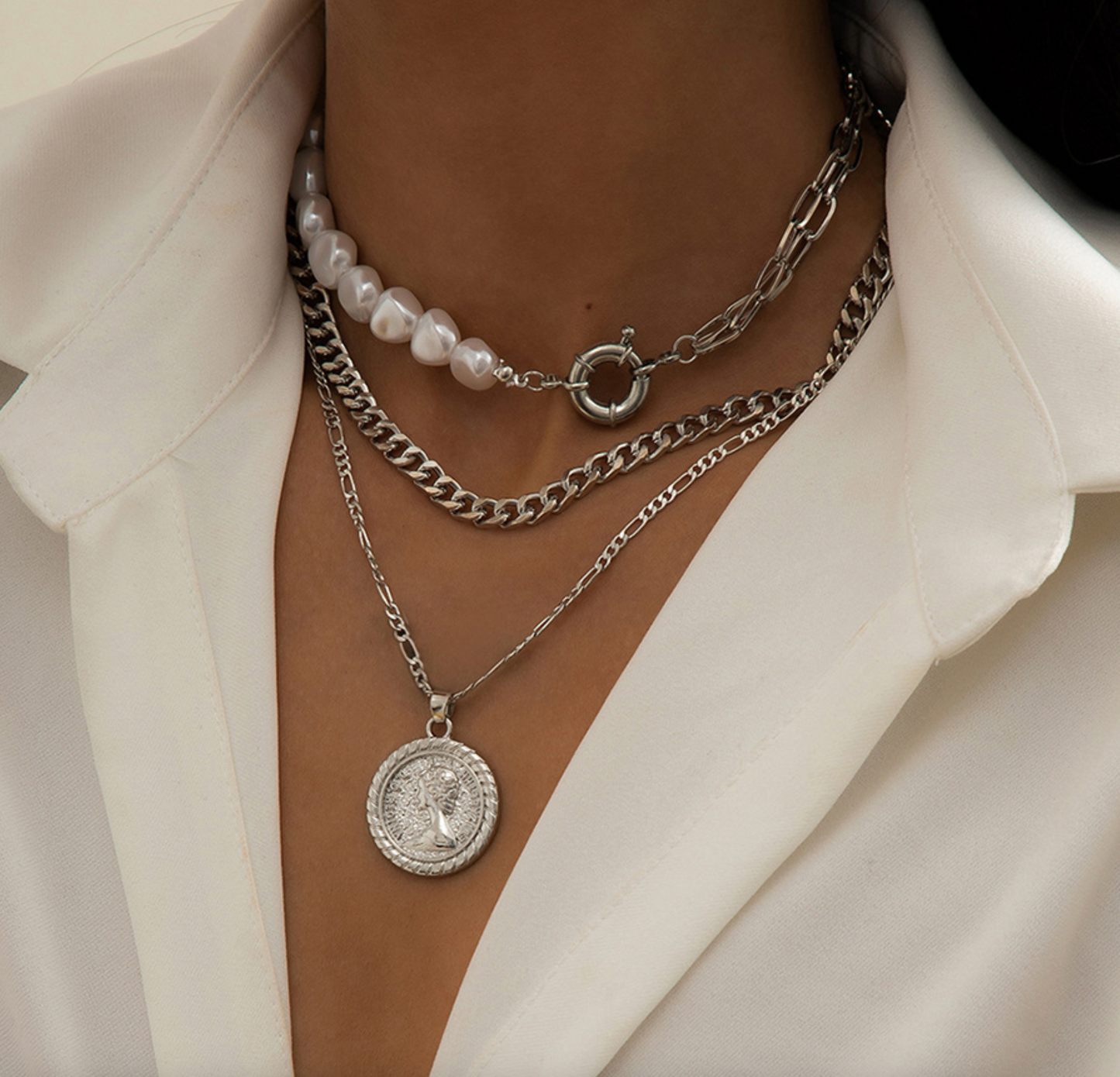 Imitation Pearl And Silvertone Coin Pendant Necklace Set